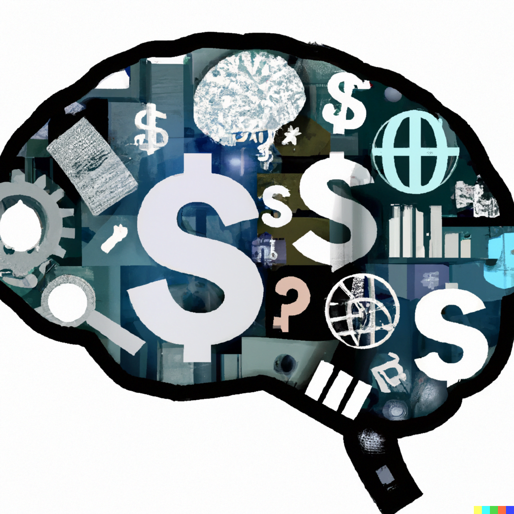 A brain with various financial icons inside, representing the influence of cognitive biases on our financial thinking.