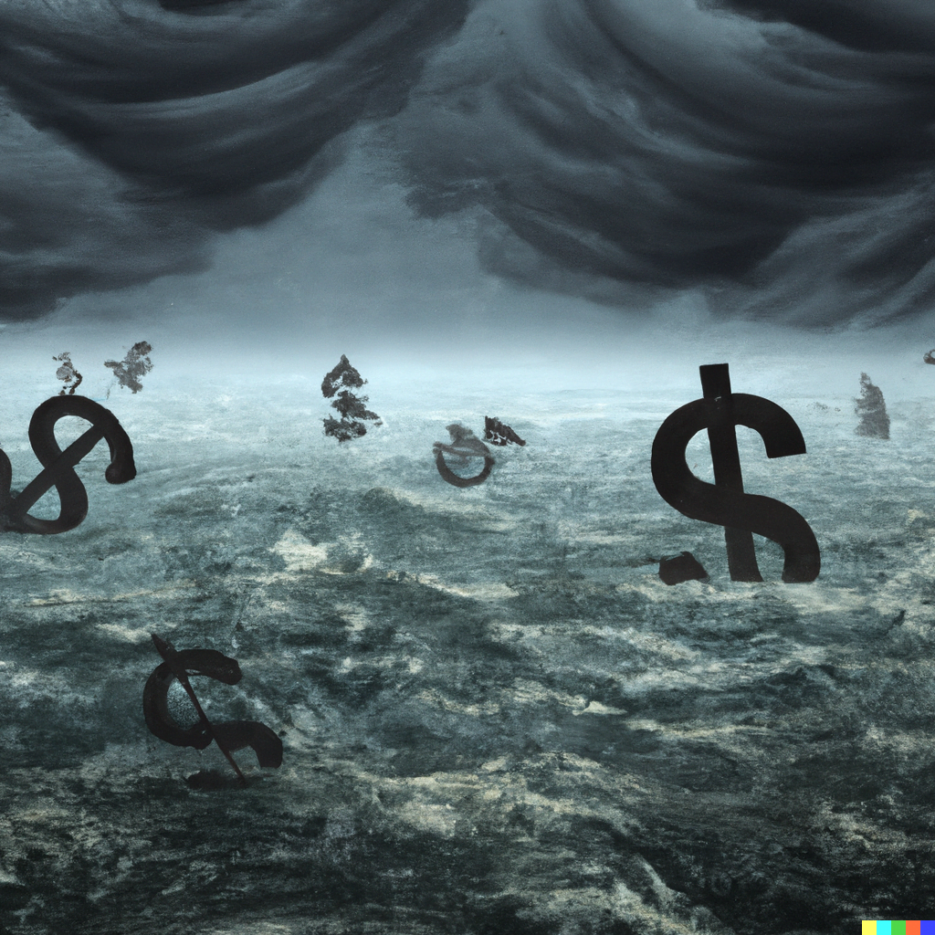 A stormy sea filled with floating dollar symbols, conveying the treacherous waters of financial advice from money gurus.