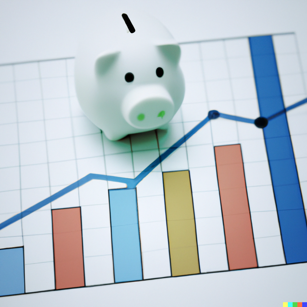 A piggy bank surrounded by a progress chart symbolizing a SMART goal